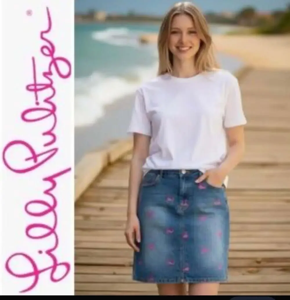 Lilly Pulitzer Vintage White Label Denim Skirt Embroidered Pink Whales Size 6 - Picture 1 of 5